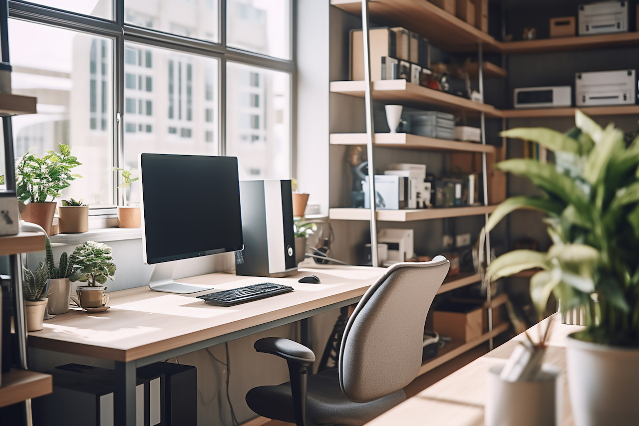 workplace with computer, bookshelf and plants in modern office